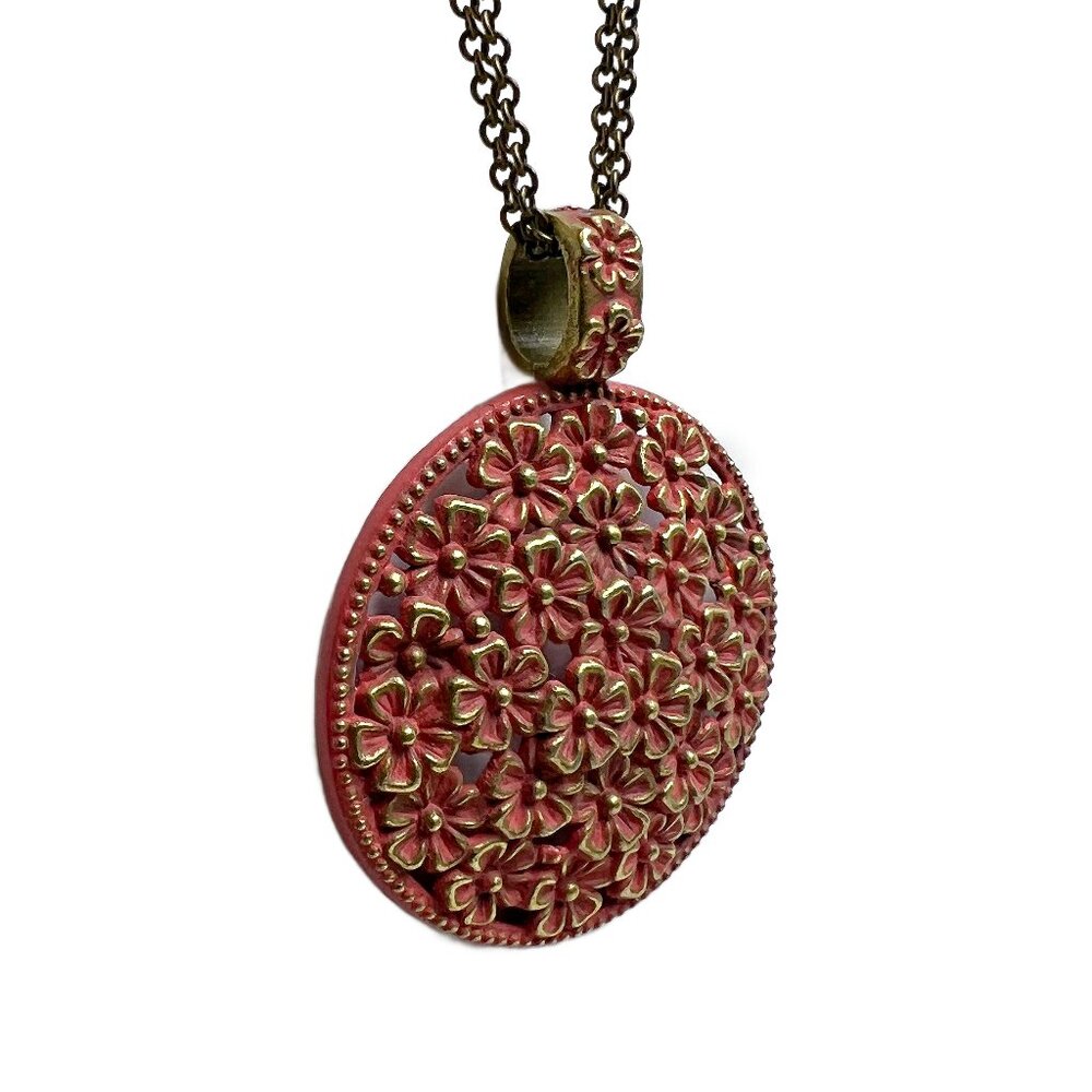 Floral Medallion Red Orange Patina Pendant Double Chain Antique Bronze - Picture 3 of 10